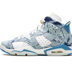 Grade school Air Jordans, Acid wash denim. 6y